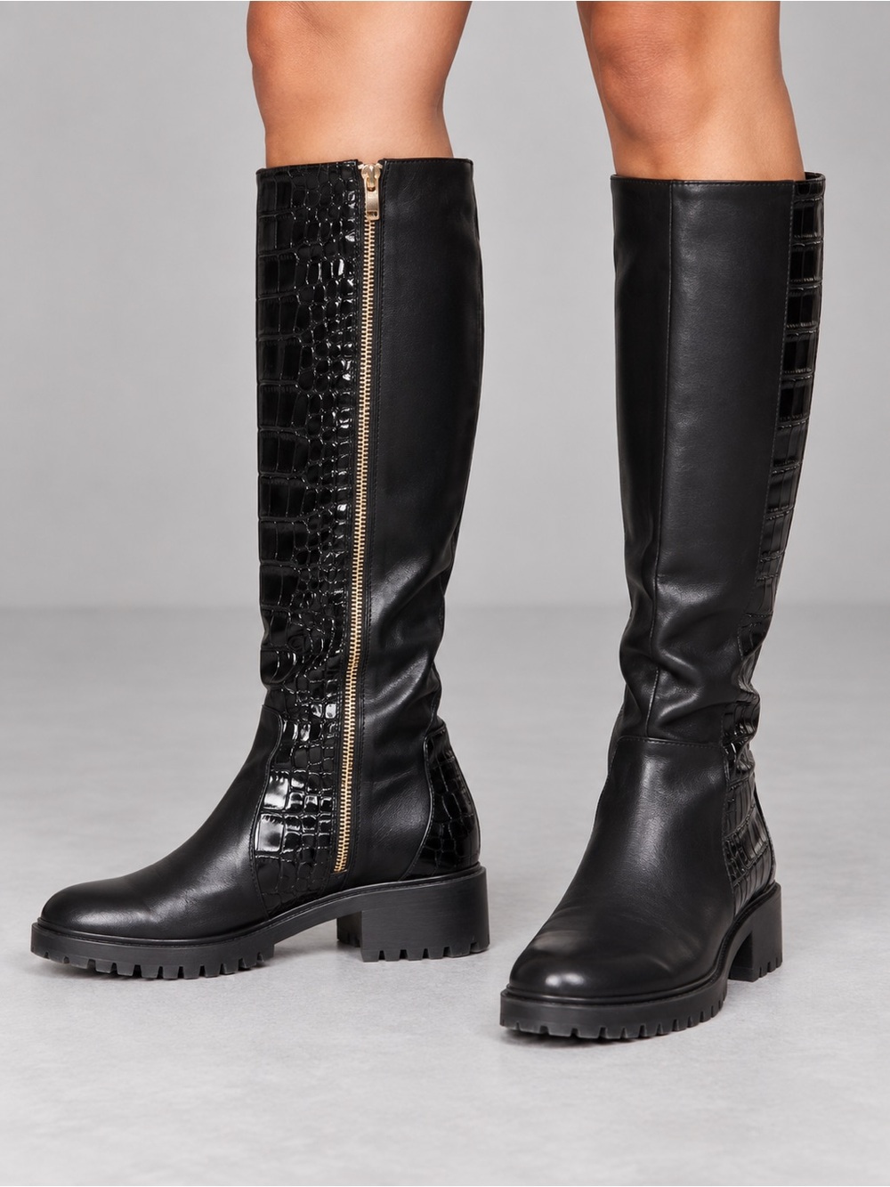 Zara Trafaluc Black Croc Knee High Boots EU 39 US 8 Chunky Lug Sole Grunge